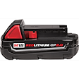 The M18 Redlithium 2.0 Compact Battery Pack features a predominantly black body with red accents. The product's label clearly displays "M18 REDLITHIUM CP2.0" in bold lettering. Designed for power tools, the battery pack contains ventilation slots and a secure locking mechanism on top.