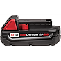 The M18 Redlithium 2.0 Compact Battery Pack features a predominantly black body with red accents. The product's label clearly displays "M18 REDLITHIUM CP2.0" in bold lettering. Designed for power tools, the battery pack contains ventilation slots and a secure locking mechanism on top.