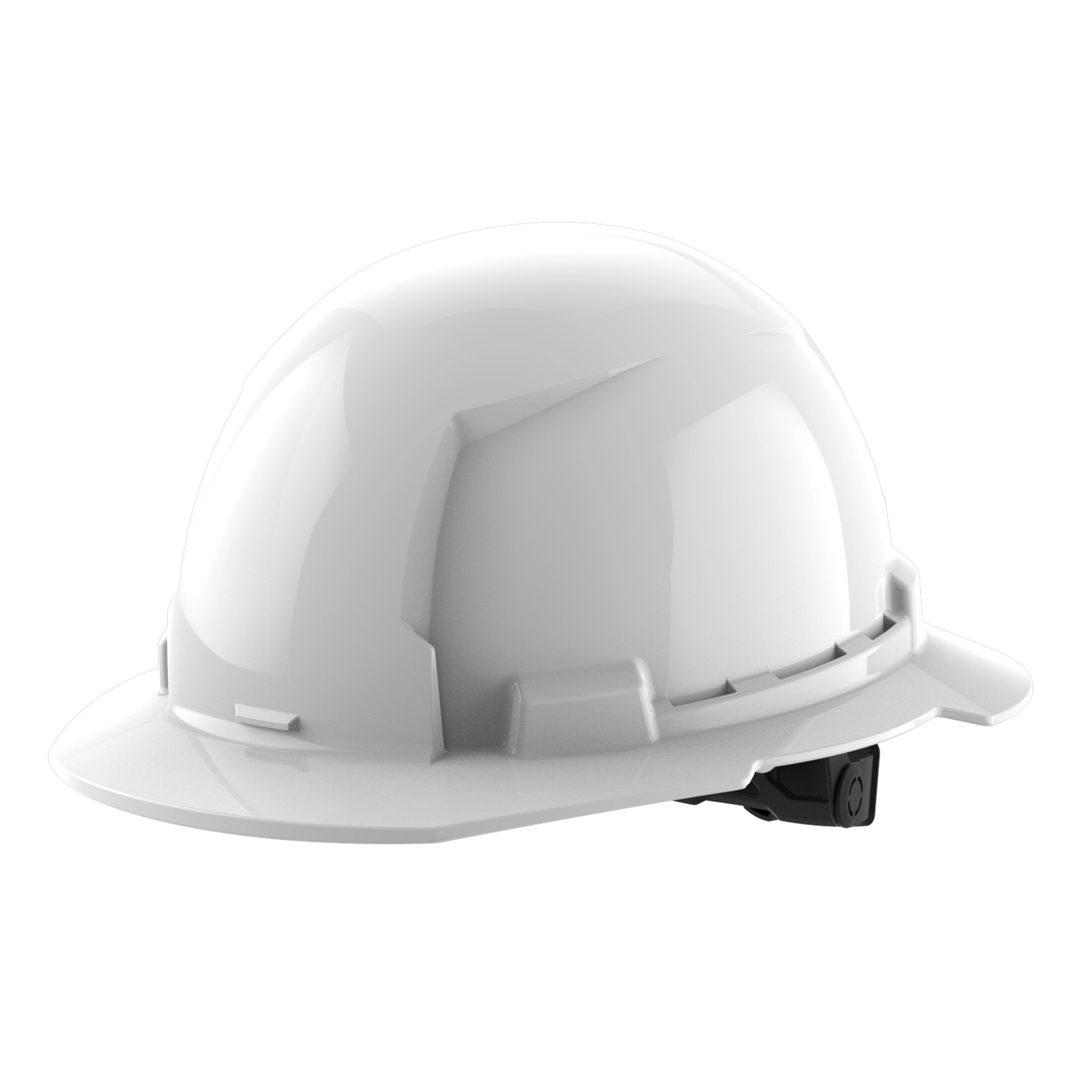 White construction hard hat with a small brim, side adjustments, and a smooth surface.