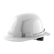 White construction hard hat with a small brim, side adjustments, and a smooth surface.