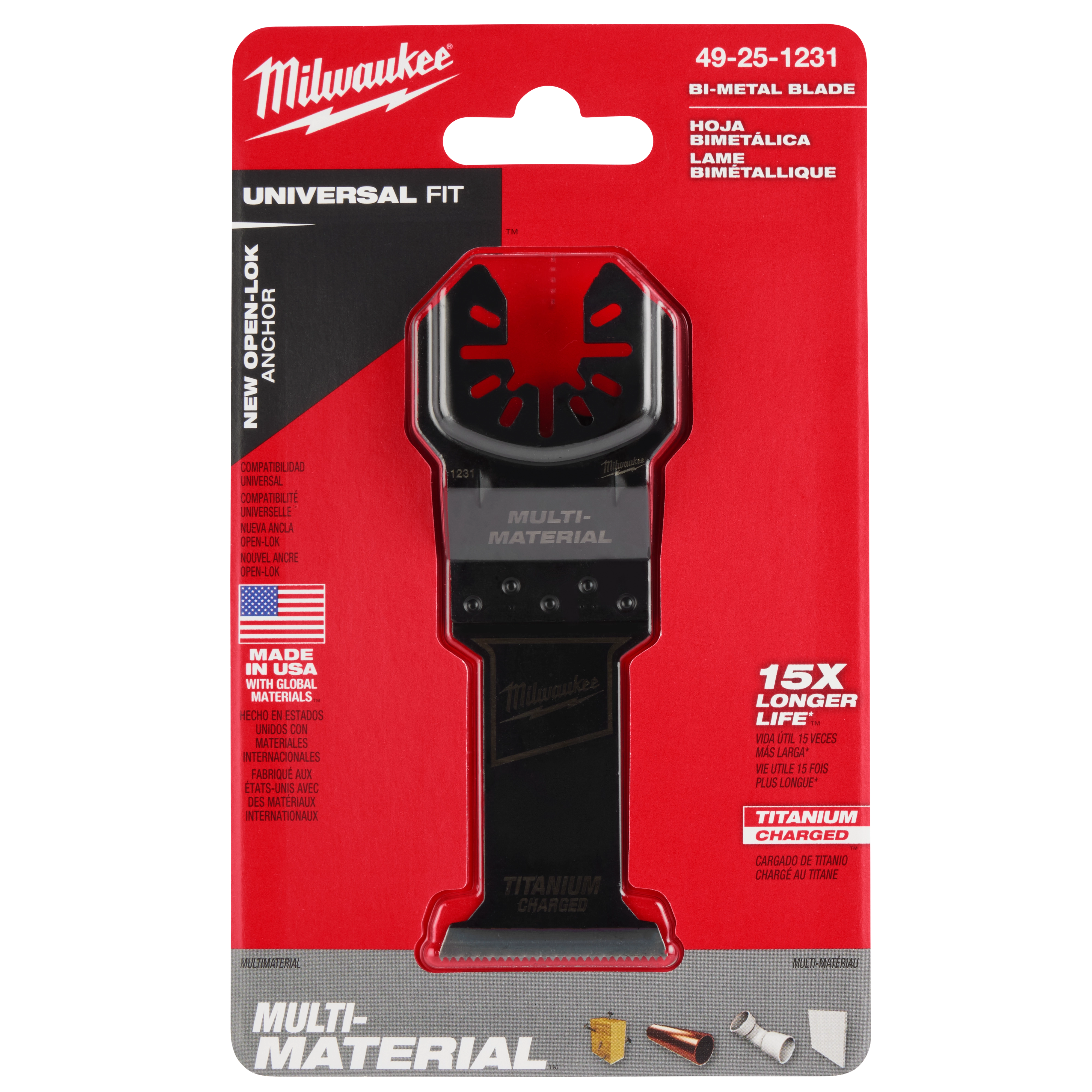 Milwaukee Open-Lok 1-3/8" Titanium Charged Bi-Metal Multi-Material Multi-Tool Blade in red packaging with various specifications.
