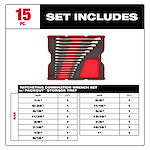 15pc. SAE Ratcheting Combination Wrench Set with Tray for PACKOUT™ Drawers includes 15 wrenches in sizes ranging from 1/4" to 1". Each size appears once in the set, which is organized in a red and black tray with labeled slots for easy storage and identification.