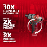 M12 FUEL 1/4" Hex 2-Speed Screwdriver displayed with text highlighting 10x longer motor life, 2x more power, and 2x more run-time.