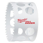 Milwaukee 3" Hole Dozer Bi-Metal Hole Saw with white body, large side holes, and red logo for cutting holes in various materials.