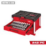 Milwaukee PACKOUT 242-piece 1/4”, 3/8”, and 1/2” drive metric and SAE ratchet and socket set displayed in a red and black 4-drawer tool box. The top drawer is open, showing organized sockets and tools. The box is marked “Metric & SAE” and “242 PC” in white and red text.