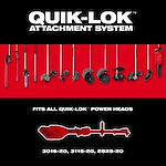 QUIK-LOK attachment system display with multiple lawn tool attachments and M18 FUEL QUIK-LOK power head on red background.
