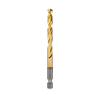 The Red Helix Titanium Impact Drill Bit features a gold titanium-nitride coating and a silver hex shank. Designed for durability and precision, the bit has a twisted flute to facilitate efficient drilling through various materials. Ideal for impact drivers and drills, it is suitable for professional and DIY use.