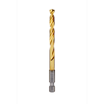 The Red Helix Titanium Impact Drill Bit features a gold titanium-nitride coating and a silver hex shank. Designed for durability and precision, the bit has a twisted flute to facilitate efficient drilling through various materials. Ideal for impact drivers and drills, it is suitable for professional and DIY use.