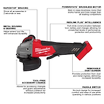 The M18 FUEL™ 4-1/2" / 5" Braking Grinder Paddle Switch, No-Lock has a red and black body with labeled features: rapid stop braking, metal housing, tool-free accessory change, brushless motor, RedLink Plus intelligence, removable dust screen, and paddle switch for increased ease and protection.