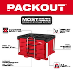 The 366pc. Master Mechanics Hand Tool Set with PACKOUT™ Drawers and Dolly features a red modular storage system with a locking security bar, impact-resistant body, steel ball-bearing slides, and metal-reinforced corners. It is compatible with all PACKOUT™ components and has a 50-lb capacity.