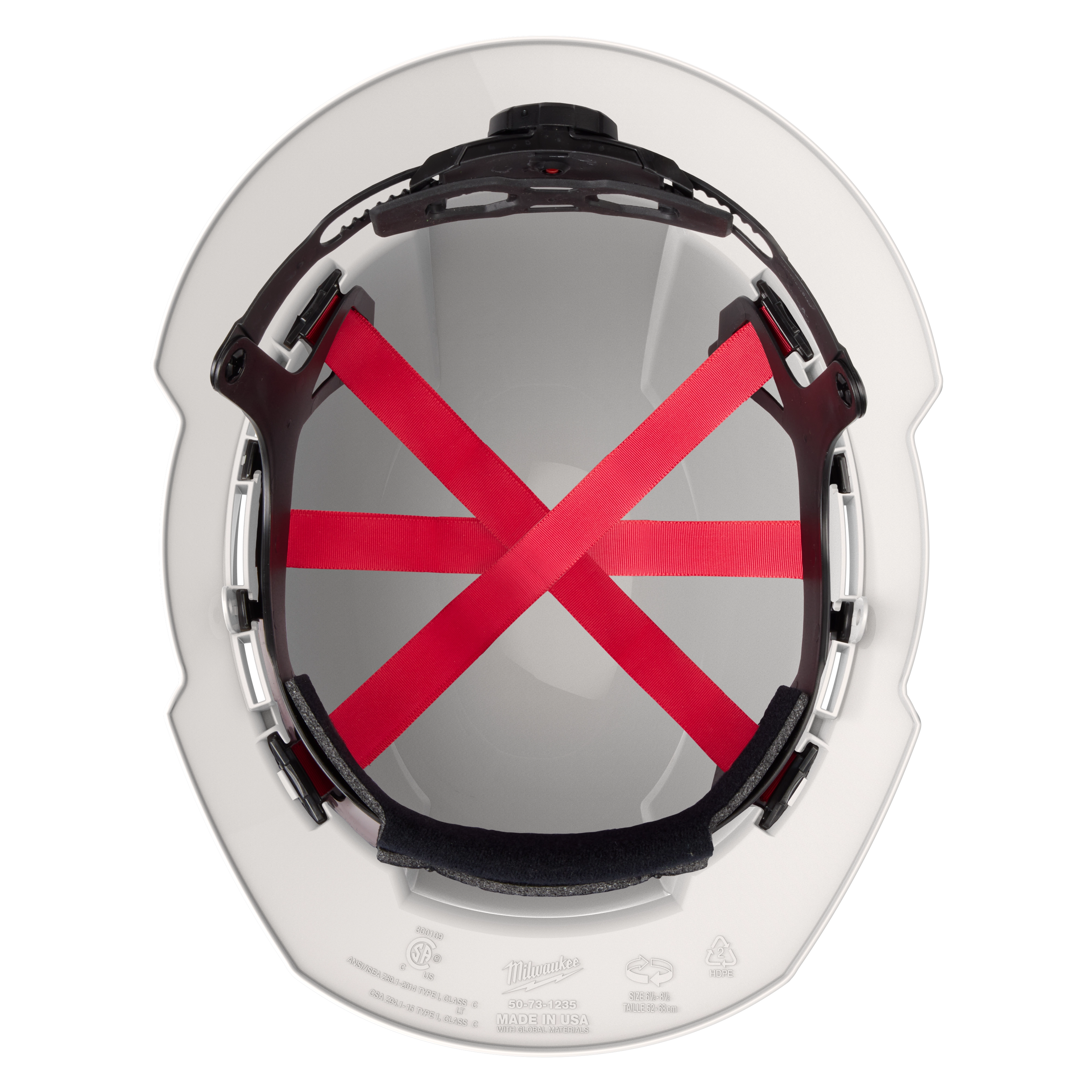 Top view of the inside of a white hard hat with red straps and black padding.