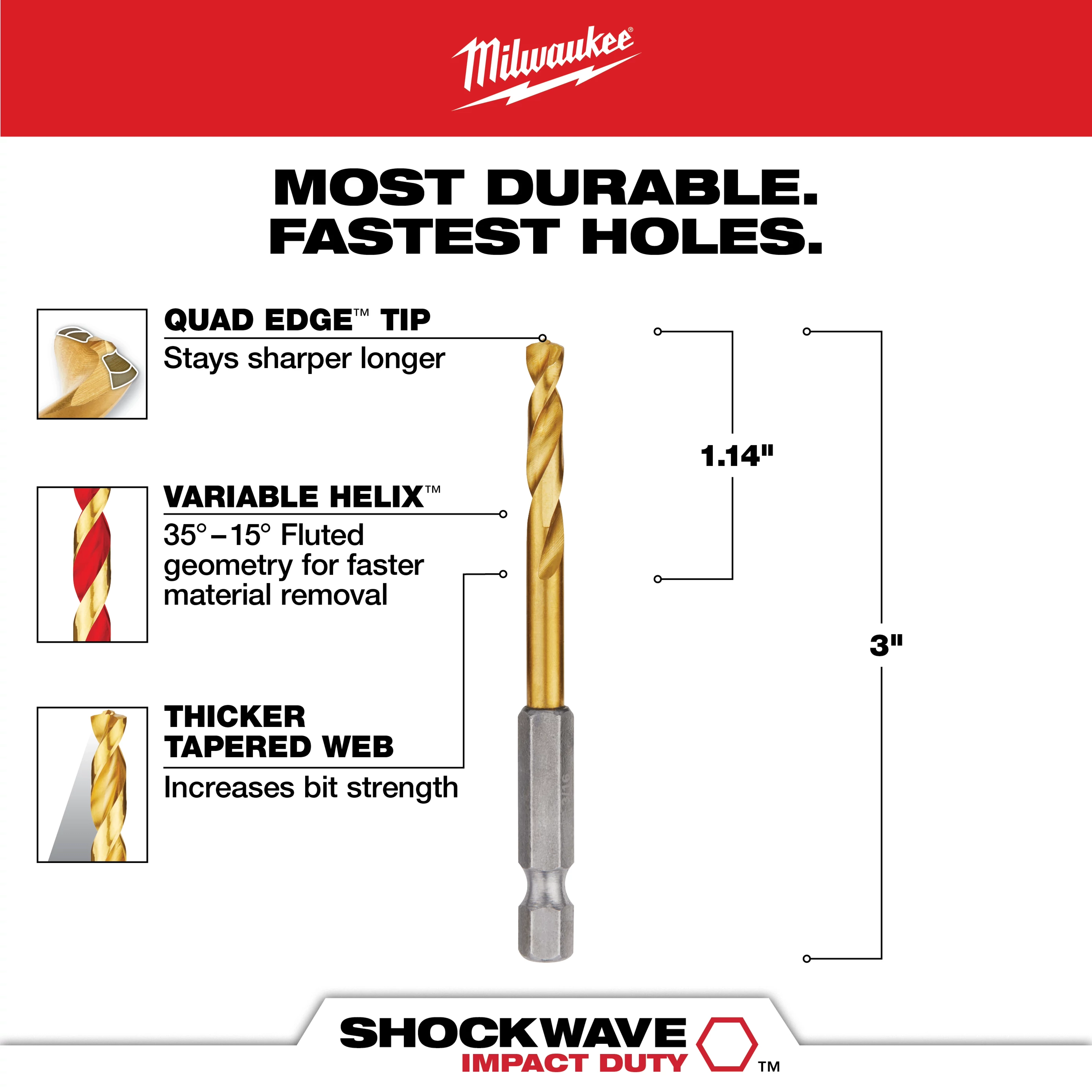 The SHOCKWAVE 3/16 in. Titanium Twist Drill Bit features a quad edge tip for durability, a variable helix for efficient material removal, and a thicker tapered web for increased strength. It measures 3 inches in length and 1.14 inches for the tip.
