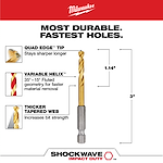 The SHOCKWAVE 3/16 in. Titanium Twist Drill Bit features a quad edge tip for durability, a variable helix for efficient material removal, and a thicker tapered web for increased strength. It measures 3 inches in length and 1.14 inches for the tip.