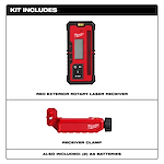 Includes red exterior rotary laser, receiver clamp, and (2) AA batteries