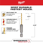 SHOCKWAVE 5/64 in. Titanium Drill Bit by Milwaukee. Features split point tip for accurate starts, variable helix fluted geometry for faster material removal, and thicker tapered web for increased bit strength. Measures 2.36 inches in total length, with a 0.67-inch flute length. Intended for impact duty applications.