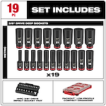 SHOCKWAVE Impact Duty 3/8 in. Drive Metric Deep Well Impact PACKOUT Socket Set 19 Piece includes 19 deep sockets ranging from size 6 to 24, a 3/8" drive impact socket tray, and a PACKOUT low-profile compact organizer.