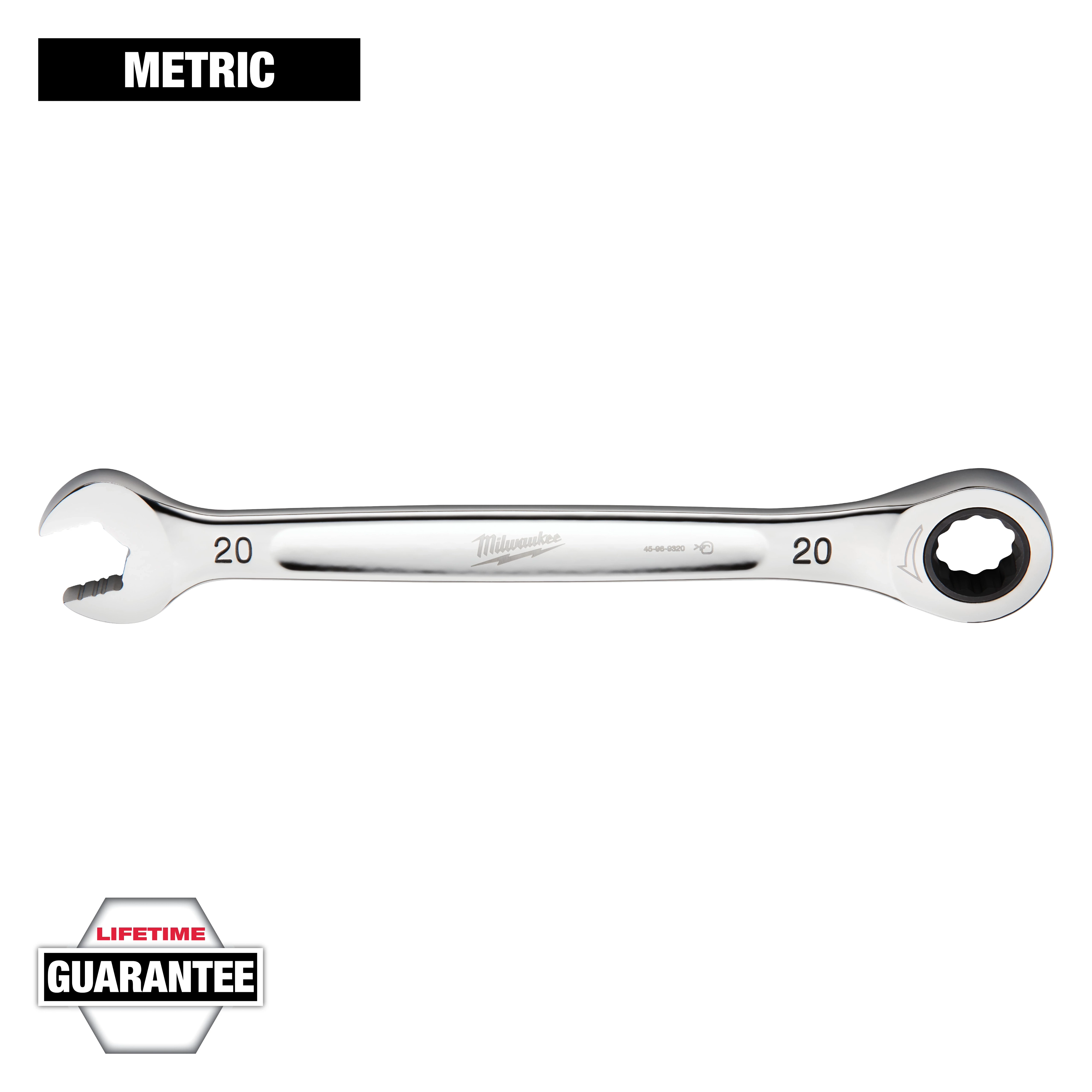 This image shows a 20mm metric combination wrench by Milwaukee with a lifetime guarantee. The wrench features an open end on one side and a ratcheting box end on the other. The word "METRIC" is written above the wrench, and a "GUARANTEE" badge is located at the bottom.