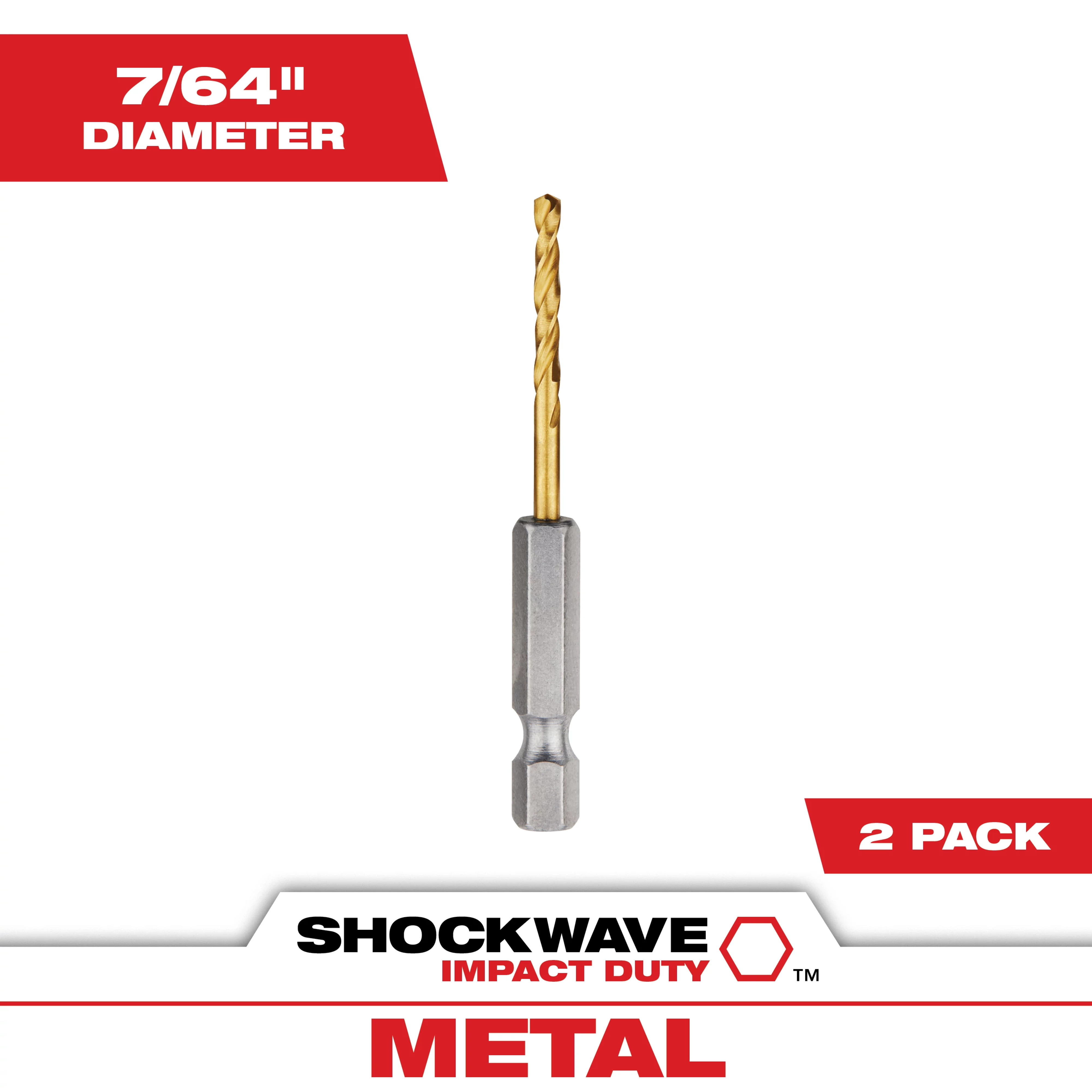 The SHOCKWAVE 7/64 in. Titanium Twist Drill Bit is shown in a single pack. Packaging highlights its 7/64 inch diameter and suitable for metal. The bit features a hex shank, titanium coating, and twist design for durability and precision. Brand logo and "Impact Duty" label are visible.