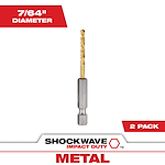 The SHOCKWAVE 7/64 in. Titanium Twist Drill Bit is shown in a single pack. Packaging highlights its 7/64 inch diameter and suitable for metal. The bit features a hex shank, titanium coating, and twist design for durability and precision. Brand logo and "Impact Duty" label are visible.