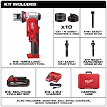Milwaukee M18 Force Logic 6 Ton Knockout Tool Kit includes knockout tool, 10 punches and dies, three draw studs, M18 Redlithium CP2.0 battery, M18 and M12 charger, adapter, ball stud, coupler, quick connect collar, and carrying case.
