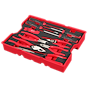 The image shows an 11PC Pliers & Pick Set with Tray for PACKOUT™ Drawers. The set includes various red and silver pliers and picks neatly arranged in a red and black tray. The tools are organized in specific slots, making them easily accessible.