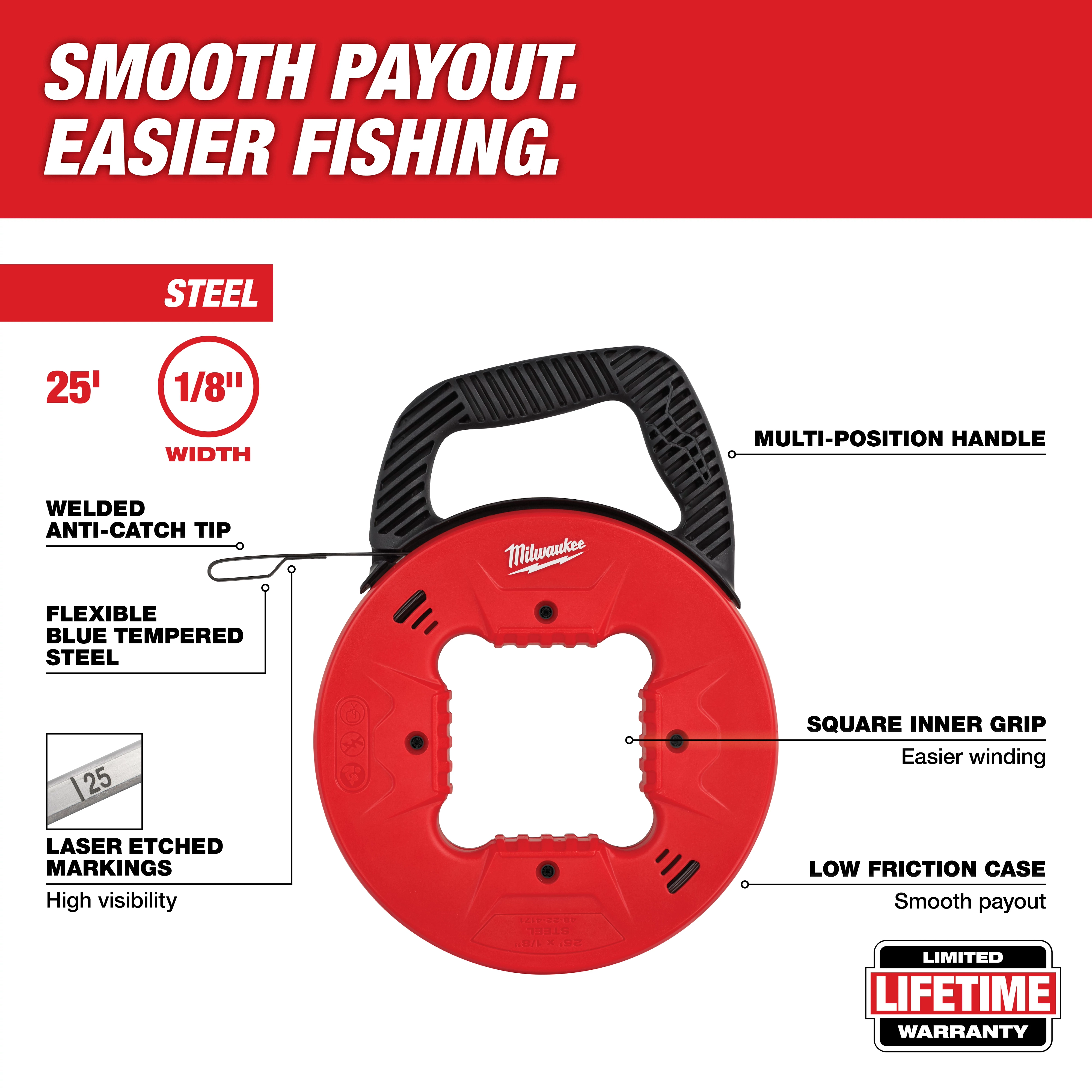 Red 25' 1/8" Steel Fish Tape featuring a multi-position handle, low friction case, square inner grip, and laser etched markings.