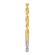 Red Helix Titanium Impact Drill Bit is a gold-colored drill bit with a spiral design for enhanced cutting efficiency. The bit has a hexagonal base for secure attachment to impact drivers. Suitable for heavy-duty drilling tasks, the titanium coating increases durability and resistance to wear.