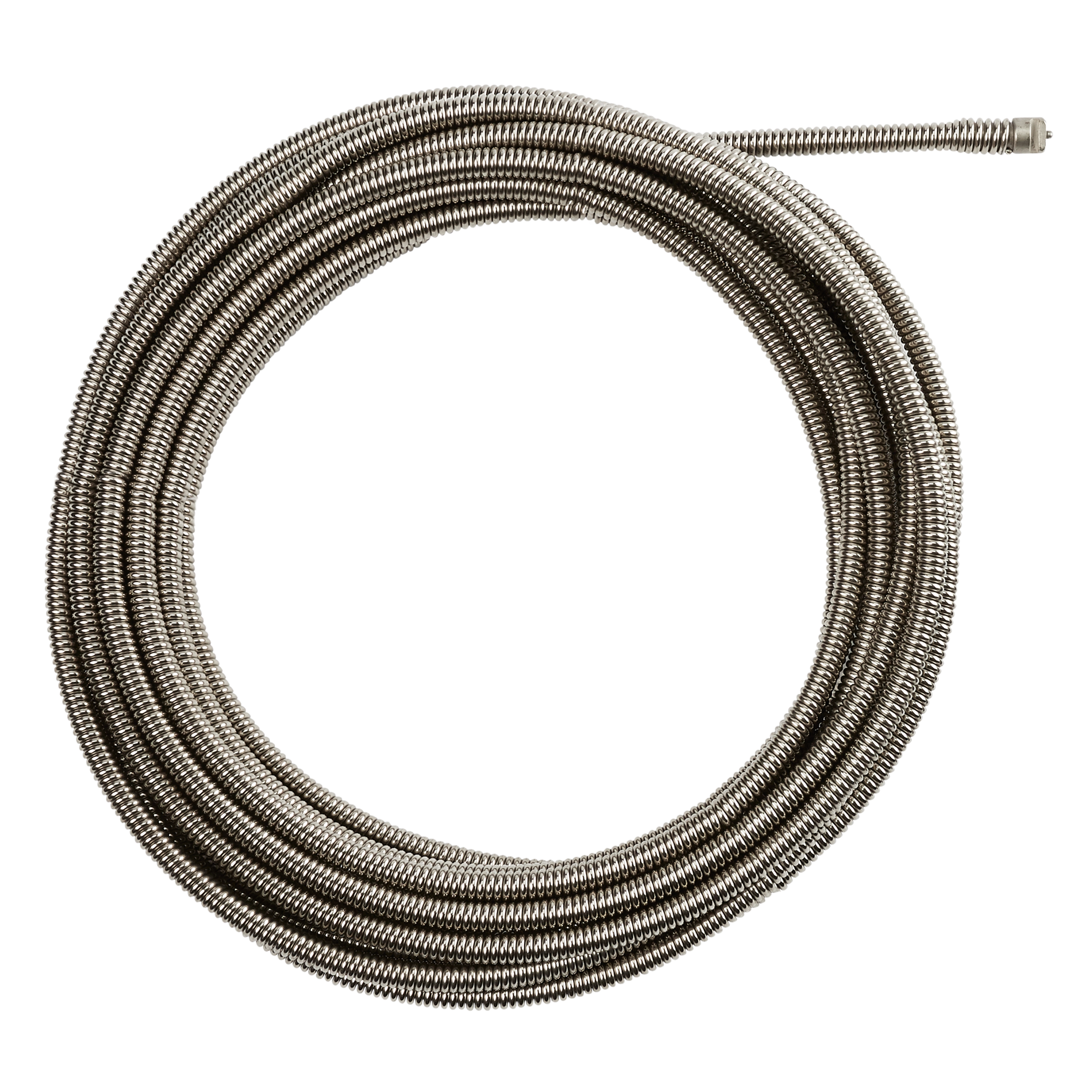The 3/8" x 35' Drain Cable is a coiled metal cable designed for unclogging drains. It is silver in color and tightly wound into a large circular coil.