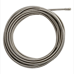 The 3/8" x 35' Drain Cable is a coiled metal cable designed for unclogging drains. It is silver in color and tightly wound into a large circular coil.