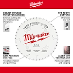 Milwaukee Fine Finish Wood Blade 48-40-0726 features tungsten carbide tips, ATB tooth pattern, anti-friction coating, and laser cut technology.