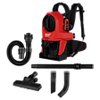 The M18 FUEL™ 3-in-1 Backpack Vacuum features a red backpack-style vacuum unit with black straps, an attached hose, and multiple attachments including a floor nozzle, extension wand, and crevice tools.