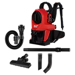 The M18 FUEL™ 3-in-1 Backpack Vacuum features a red backpack-style vacuum unit with black straps, an attached hose, and multiple attachments including a floor nozzle, extension wand, and crevice tools.