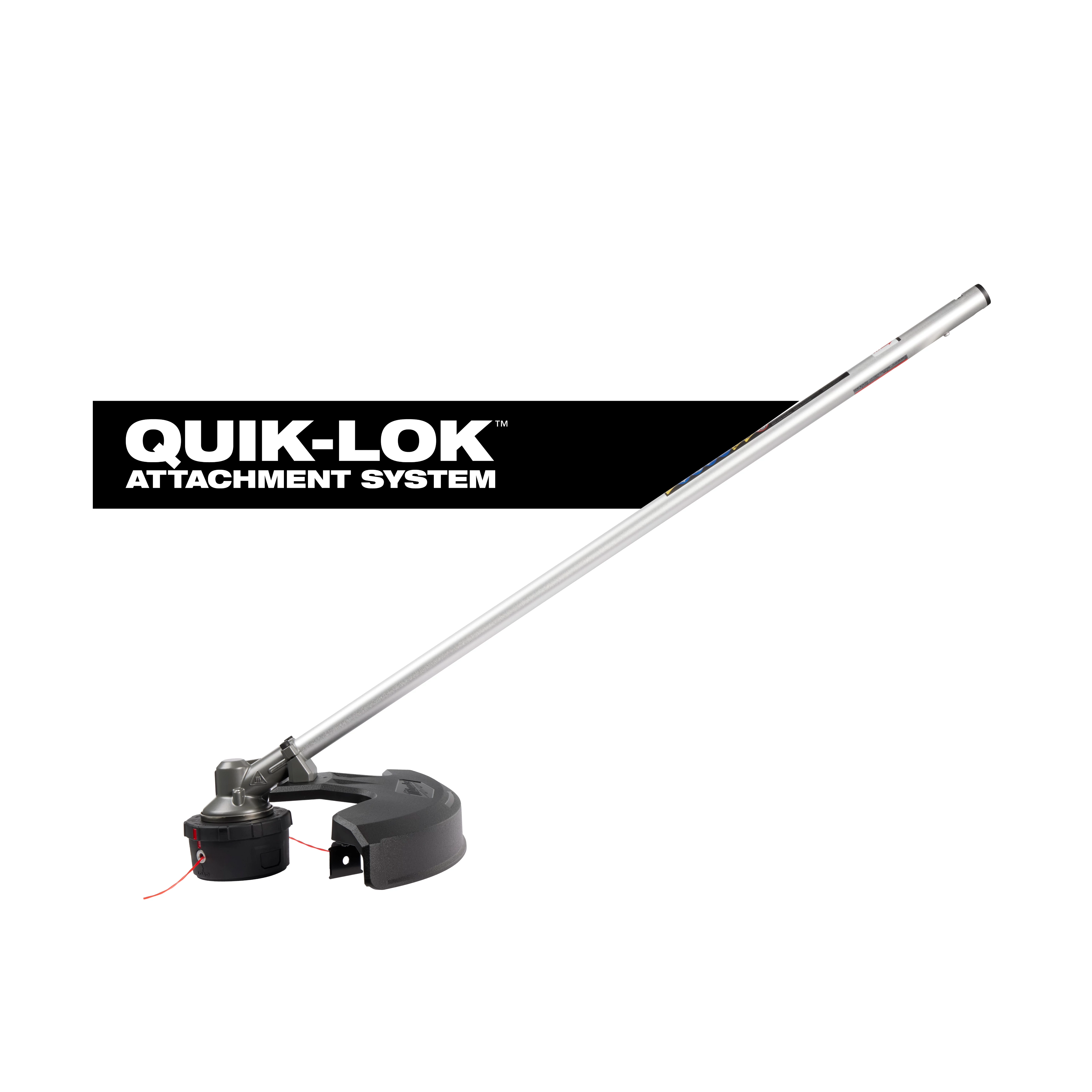 QUIK-LOK 16” String Trimmer Attachment with long metal shaft and black trimmer head on white background.