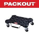 The Primary Image is a Milwaukee Packout dolly with four rotating wheels, a black grid-like platform, and a handle.