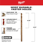 The 3/16 in. Cobalt Red Helix Twist Drill Bit is durable and designed for faster holes with a quad edge tip, variable helix geometry, thicker tapered web, and secure-grip feature to prevent slipping in the chuck. The bit is 3.50 inches long with a 2.32-inch twist length.