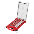 A red tool case with a transparent lid, containing various socket wrenches and a ratchet handle neatly arranged inside. The case is open, displaying the tools. It has latches and a handle for portability.