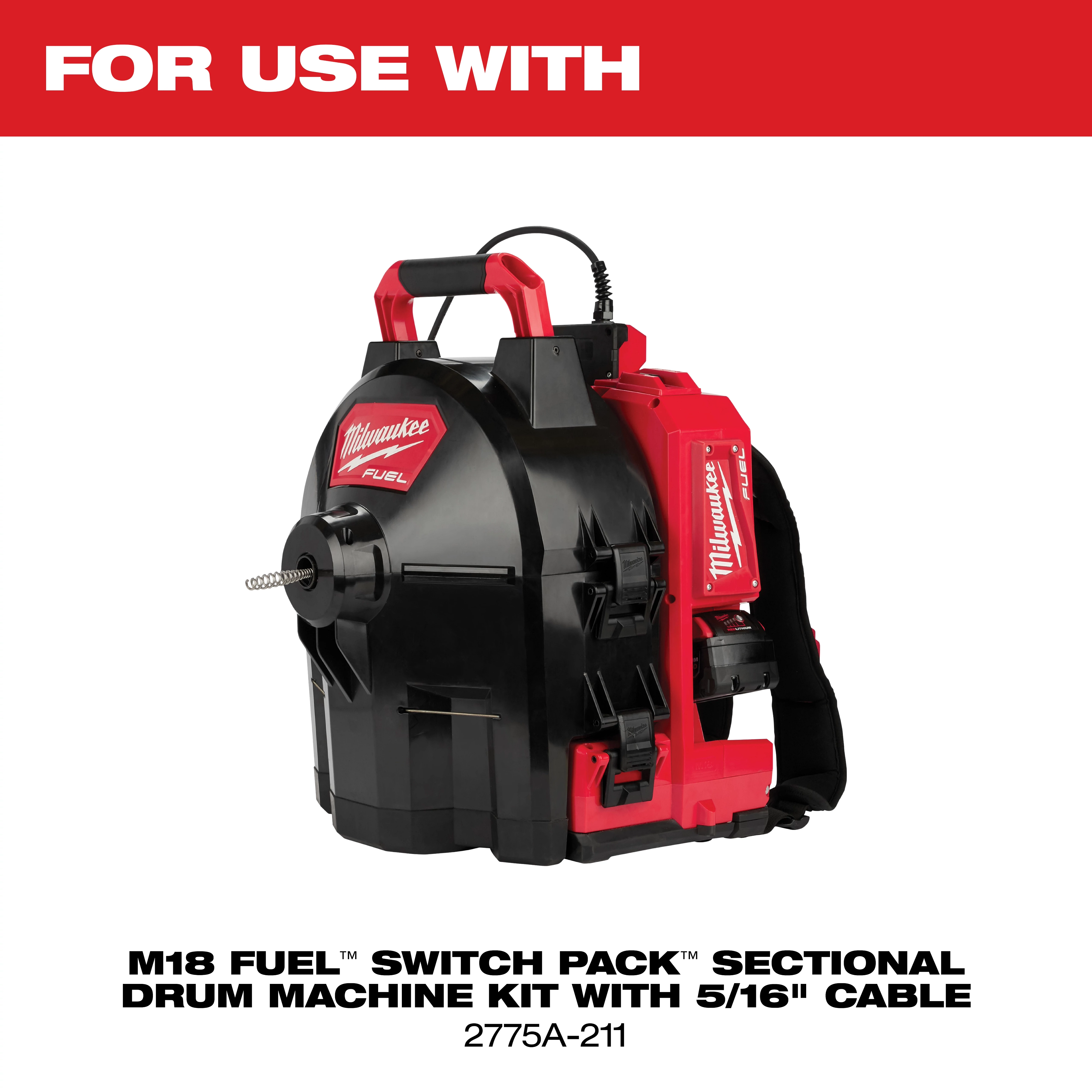 Milwaukee M18 Fuel Switch Pack Sectional Drum Machine Kit with 5/16" cable is a portable tool designed for clearing clogs. The black and red machine features a backpack-like design with a handle and storage compartments for easy transport and use. Model number is 2775A-211.