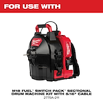 Milwaukee M18 Fuel Switch Pack Sectional Drum Machine Kit with 5/16" cable is a portable tool designed for clearing clogs. The black and red machine features a backpack-like design with a handle and storage compartments for easy transport and use. Model number is 2775A-211.