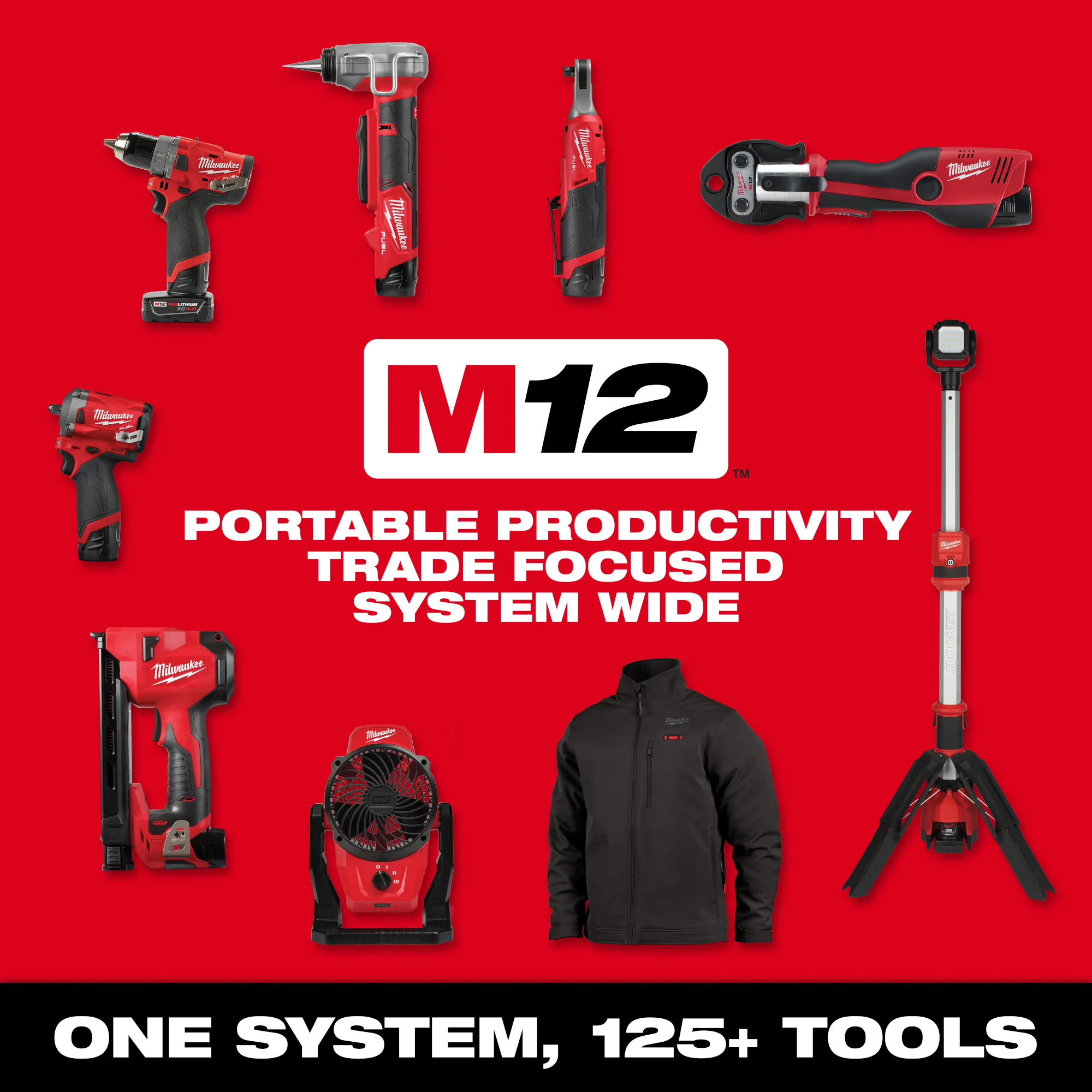 Image of the M12 logo with products from the M12 system with the text "Portable Productivity. Trade Focused. System Wide. One System, 125+ Tools."