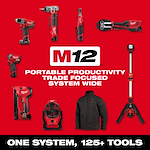 Image of the M12 logo with products from the M12 system with the text "Portable Productivity. Trade Focused. System Wide. One System, 125+ Tools."