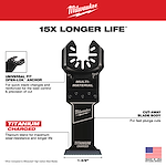 Milwaukee 1-3/8" Open-Lok Bi-Metal Multi-Material Blade with titanium for wear resistance and cut-away body for fast plunge cuts.