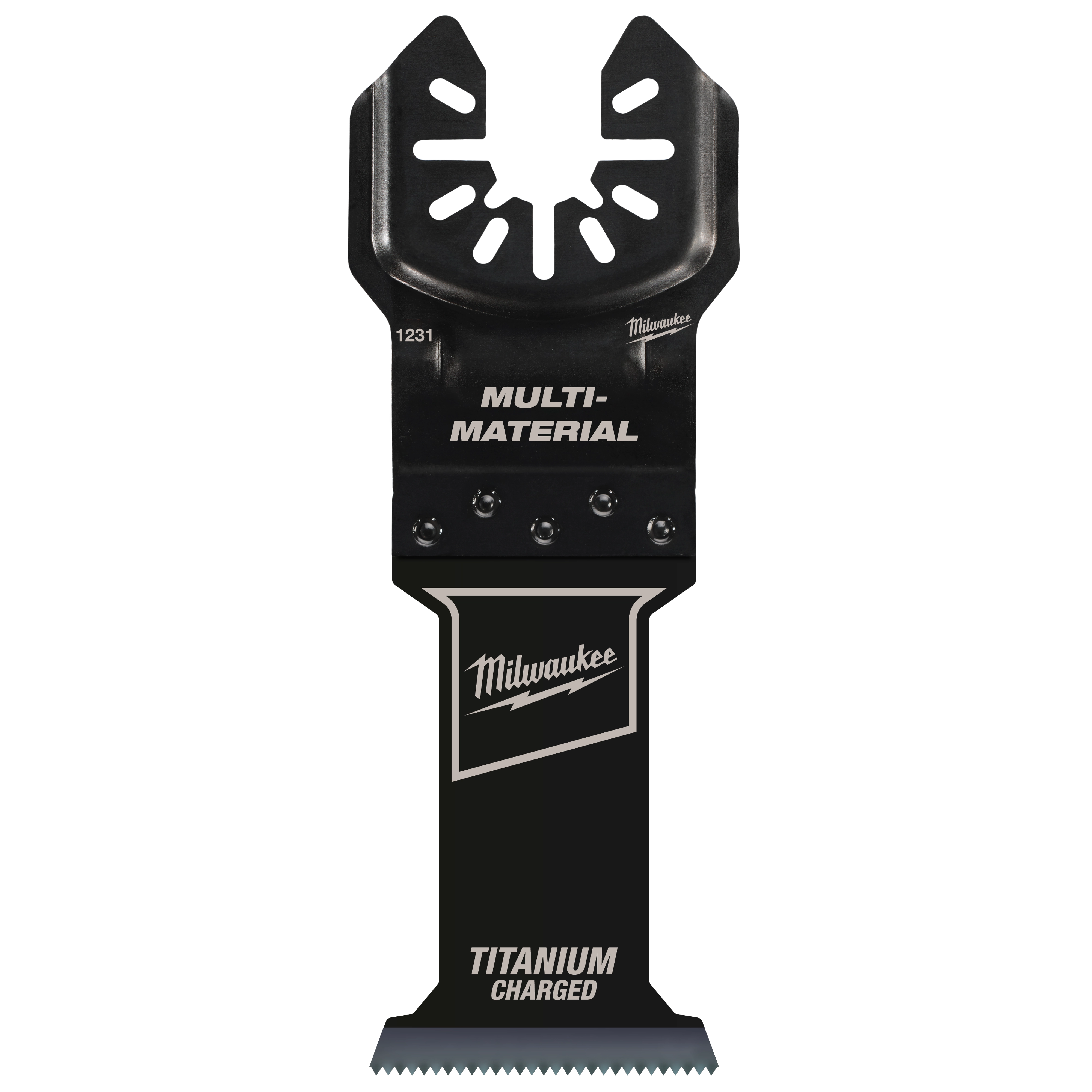 Milwaukee Open-Lok 1-3/8" titanium charged bi-metal multi-material multi-tool blade with distinctive black and silver design.