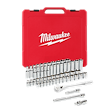 A red Milwaukee case is displayed, containing the "56pc 3/8" Drive SAE and Metric Ratchet and Socket Set." Various chrome sockets and a 3/8" drive ratchet, along with extensions, are arranged in front of the case.