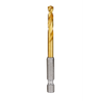 The Red Helix Titanium Impact Drill Bit features a golden titanium-coated tip for durability, mounted on a silver hexagonal shank designed for high torque applications. It is suitable for drilling through tough materials with precision and efficiency.