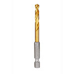 The Red Helix Titanium Impact Drill Bit features a golden titanium-coated tip for durability, mounted on a silver hexagonal shank designed for high torque applications. It is suitable for drilling through tough materials with precision and efficiency.