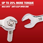 The image shows Mechanic Hand Tools specifically a Max Bite anti-slip open-ended wrench gripping a bolt. It claims to provide up to 25% more torque, depicted on a red background.