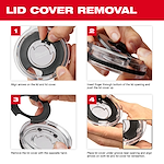 Instructions for removing and reinserting the lid cover on PACKOUT Tumblers, showing step-by-step alignment and lid lifting techniques.