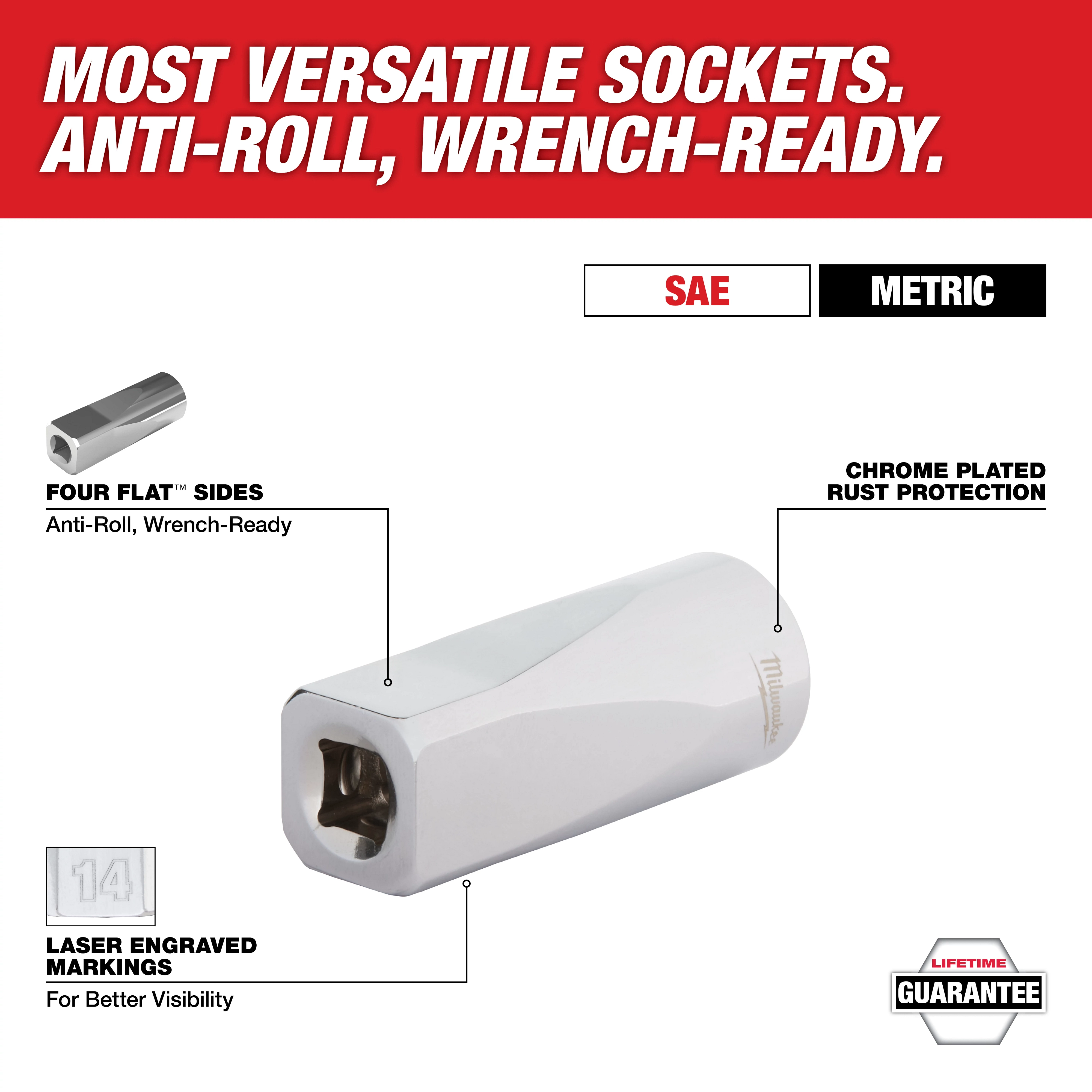 This image highlights a versatile socket with anti-roll, wrench-ready design, four flat sides, chrome-plated rust protection, and laser-engraved markings for better visibility. The socket is part of the metric-type with lifetime guarantee and features "Most Versatile Sockets" in bold text.