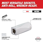 This image highlights a versatile socket with anti-roll, wrench-ready design, four flat sides, chrome-plated rust protection, and laser-engraved markings for better visibility. The socket is part of the metric-type with lifetime guarantee and features "Most Versatile Sockets" in bold text.