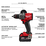 The image is of a Milwaukee M18 FUEL 1/2" Hammer Drill/Driver Kit, highlighting features like a side handle, two-speed control, metal chuck, brushless motor, LED light, and belt clip.